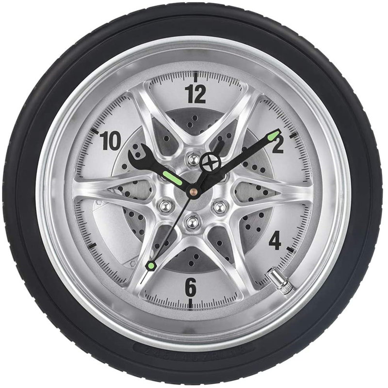 Williston Garage Wall Clocks, Tire Rim Clock With Luminous Wrench